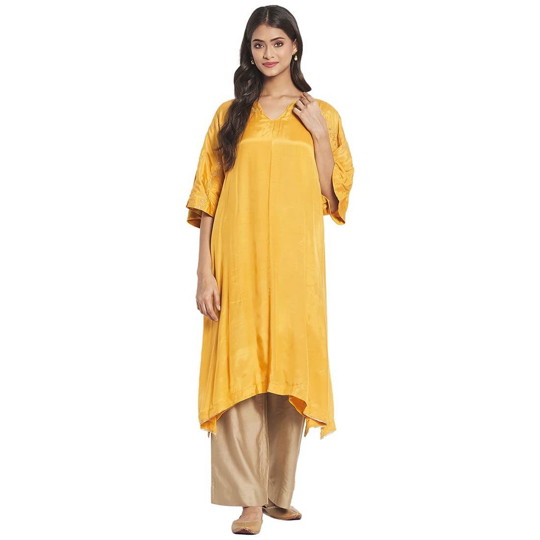 Fabindia Women Rayon Blend Embroidered Knee Length Kurta Yellow_L/XL