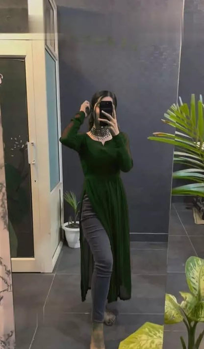 Fashion2Wear WomenS Georgette Kurta With Full Sleeves Notch Neck Knee Length Solid Pattern A Line Style And Regular Fit Green