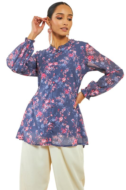 Soch Womens Purple Georgette Floral Print Tunic with Puff Sleeves