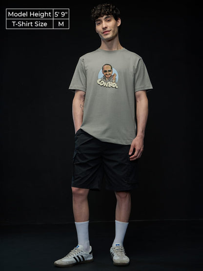 The Souled Store Welcome: Control Uday Men and Boys Short Sleeves Round Neck Grey Graphic Printed Cotton Relaxed Fit T-Shirts