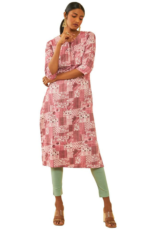 Soch Womens Rayon Abstract Printed Straight Kurta with Tie-Ups