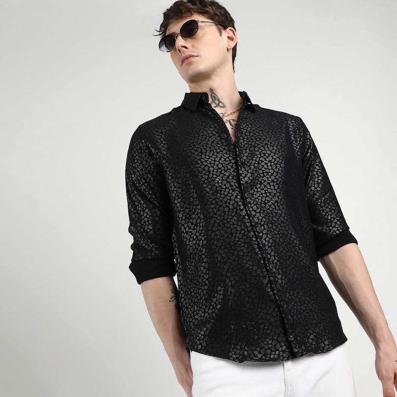Campus Sutra Mens Onyx Black Pavement Shirt for Casual Wear | Spread Collar | Long Sleeve | Button Closure | Shirt Crafted with