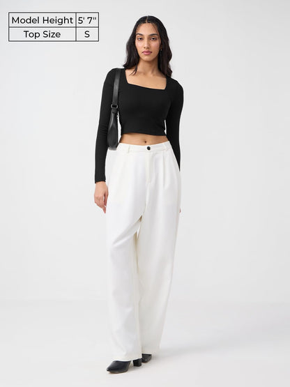 The Souled Store Crop-Top: Rich Black Women and Girls Long Sleeves Square Neck Solid Polyester Blend Slim Fit Cropped Tops