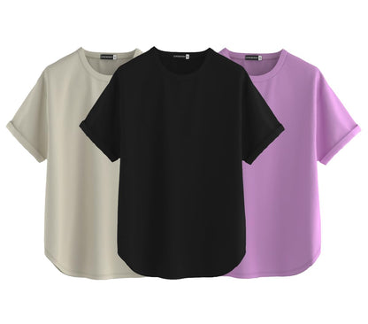 Juneberry Pure 100% Cotton Oversized Loose Baggy Fit Round Neck With Drop Shoulder Black & Swanwhite & Lilac Half Sleeves Boyfri