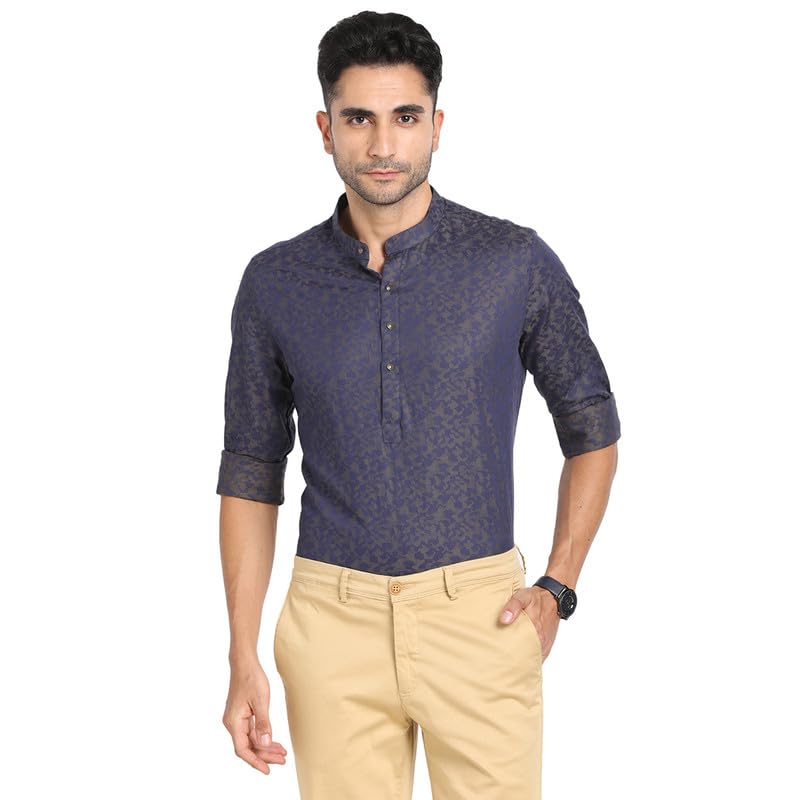 Turtle Men 100% Cotton Kurta Navy Blue Self Design Full Sleeve Ceremonial Shirt