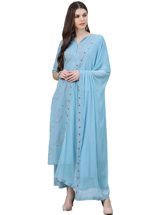GoSriKi Women's Cotton Blend Straight Kurta with Palazzo & Dupatta (Guitar-GS)