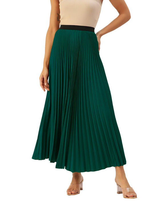 Kzully | Women Accordian Pleat Maxi Flared Skirt Green
