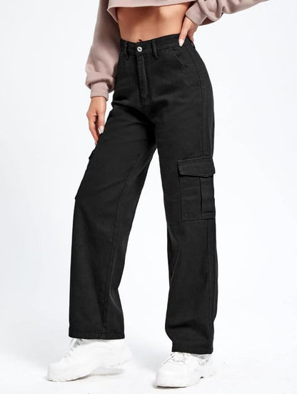 Kotty WomenS Solid High Waist Relaxed Fit Cotton Lycra Blend Cargo Jeans Jet Black