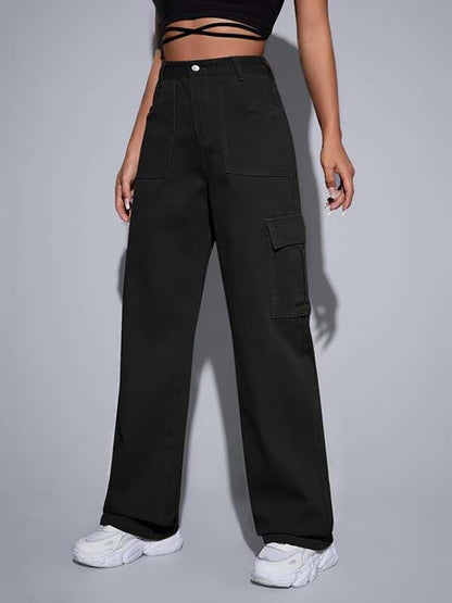 Kotty WomenS Solid High Rise Relaxed Fit Cargo Jeans Jade Black