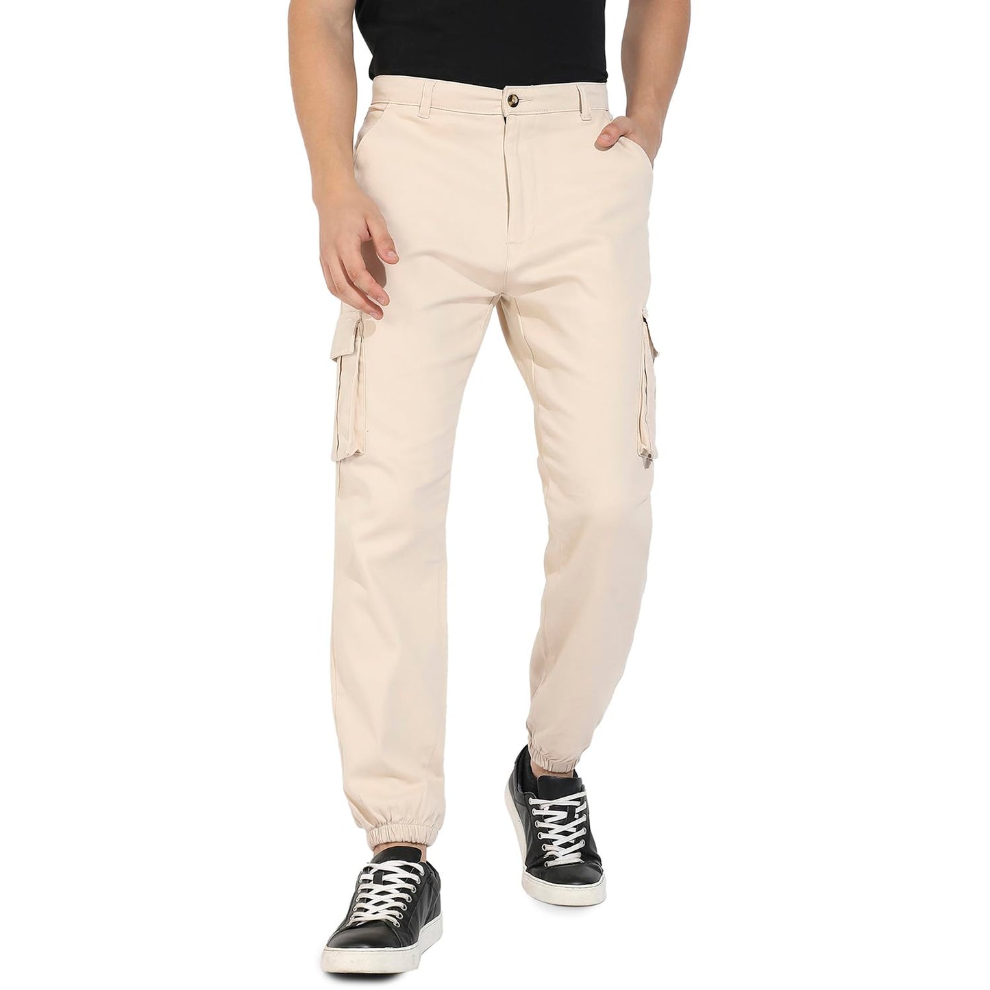 Campus Sutra Mens Beige Cuffed Hem Cargo Trousers for Casual Wear | 6 Pockets | Regular Fit | Button Closure | Cotton Poly Carg