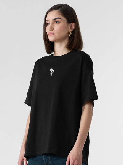 The Souled Store No Rain No Flowers Women and Girls Short Sleeves Round Neck Black Graphic Printed Cotton Oversized T-Shirts