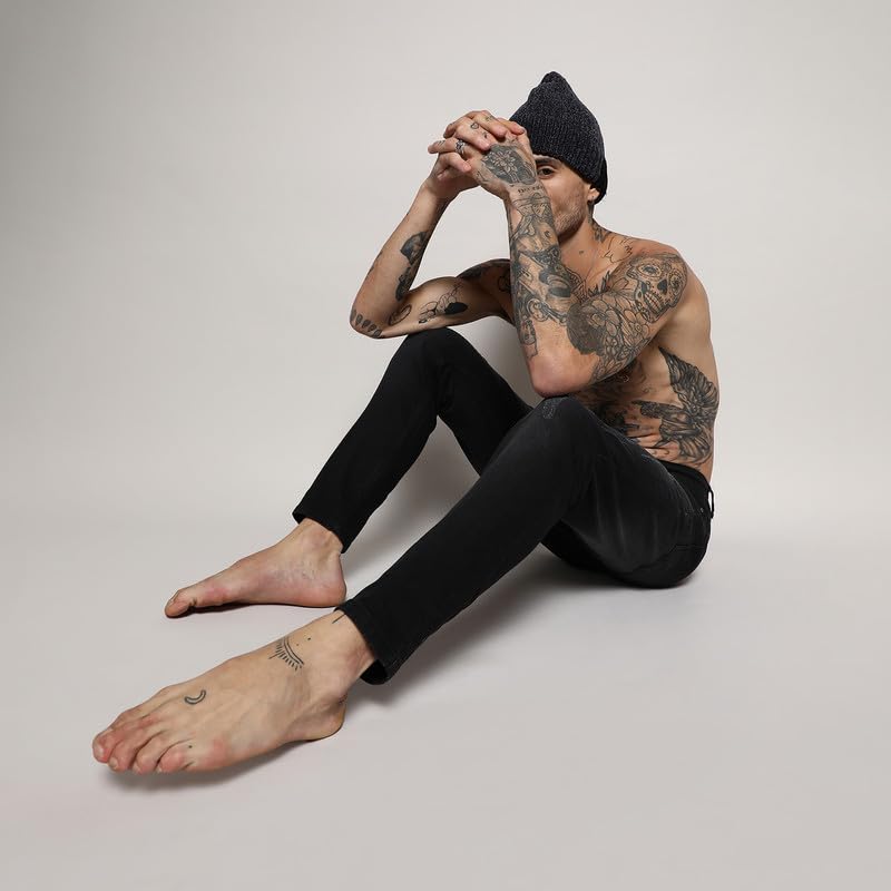Campus Sutra Mens Black Minimal Distressed Denim Jeans for Casual Wear | Dark-Wash | Regular Fit | Button Closure | Cotton Deni