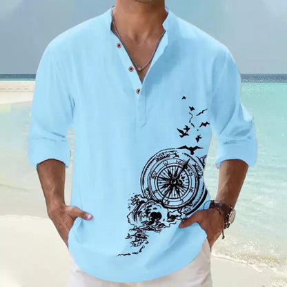 Deemoon MenS Cotton Blend Mandarin Collar Self One Design Full Sleeve Casual Short Kurta Blue