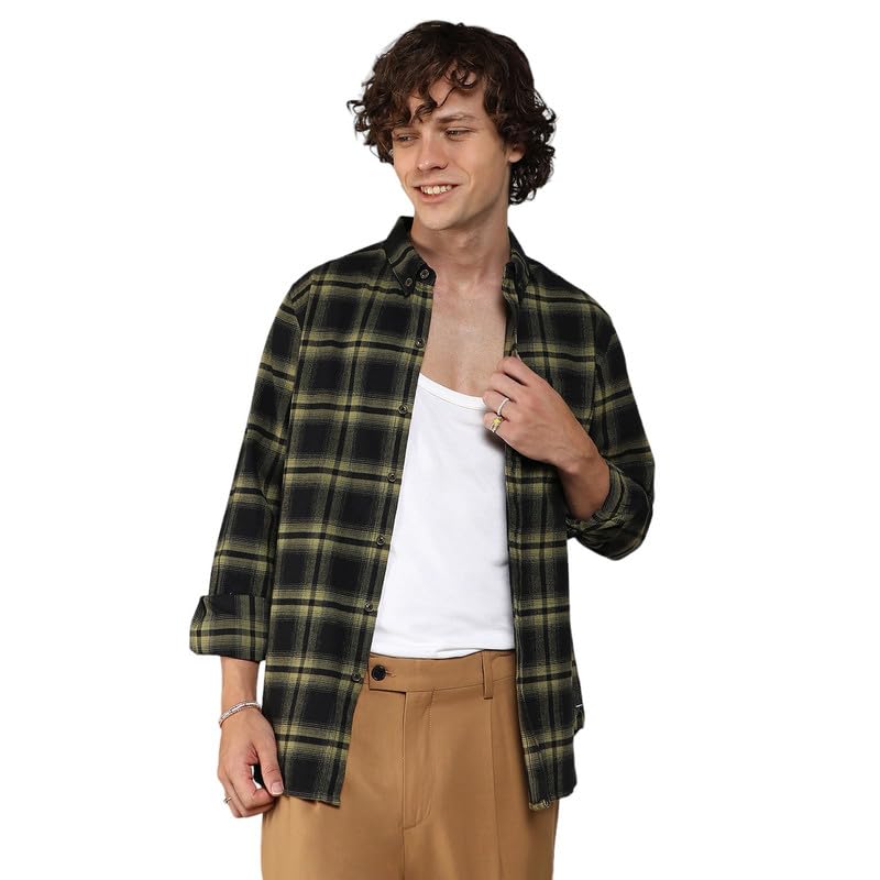 Campus Sutra Mens Midnight Black & Sage Green Brushed Buffalo Check Shirtfor Casual Wear | Spread Collar | Long Sleeve | Button