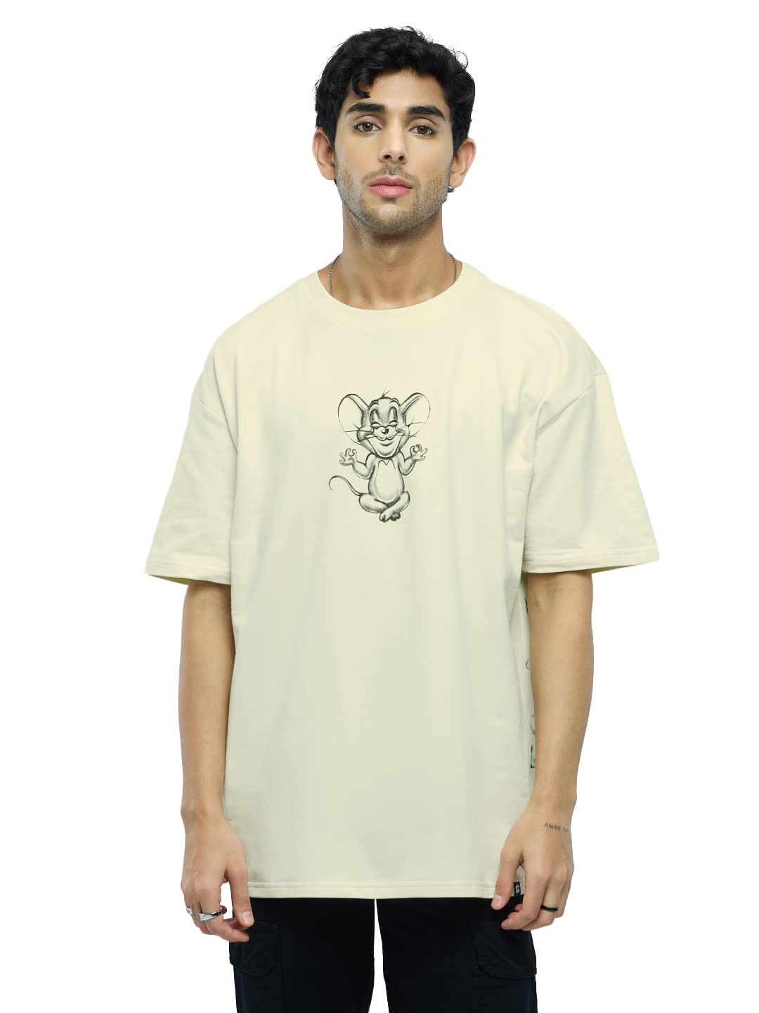 The Souled Store Official Tom and Jerry: Angry Tom Men and Boys Oversized fit Half Sleeve Cotton Off White Men Oversized T-Shirt