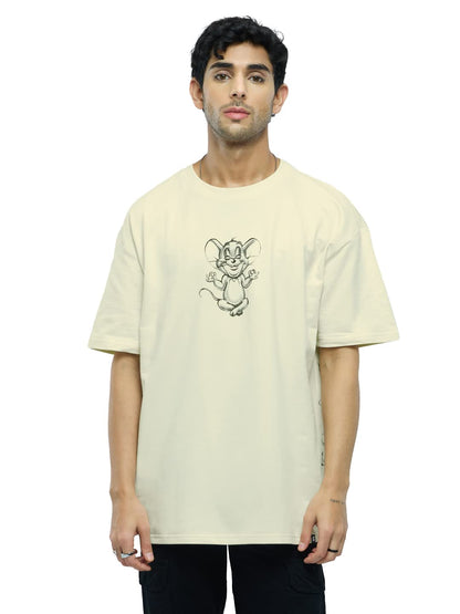 The Souled Store Official Tom and Jerry: Angry Tom Men and Boys Oversized fit Half Sleeve Cotton Off White Men Oversized T-Shirt