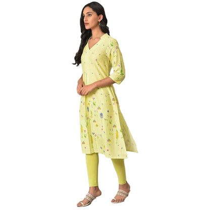 W Light Green Floral Printed Regular Kurta For Women