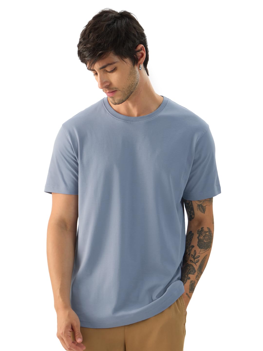 The Souled Store Faded Denim Men and Boys Short Sleeve Round Neck Solid Regular Fit Cotton Supima T-Shirts