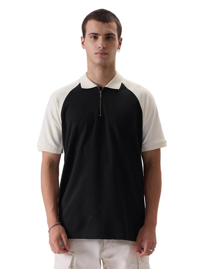 The Souled Store Solids: Black & White Colourblock Mens and Boys Regular fit Solid Half Sleeve Cotton Blend Multicolored Mens Po