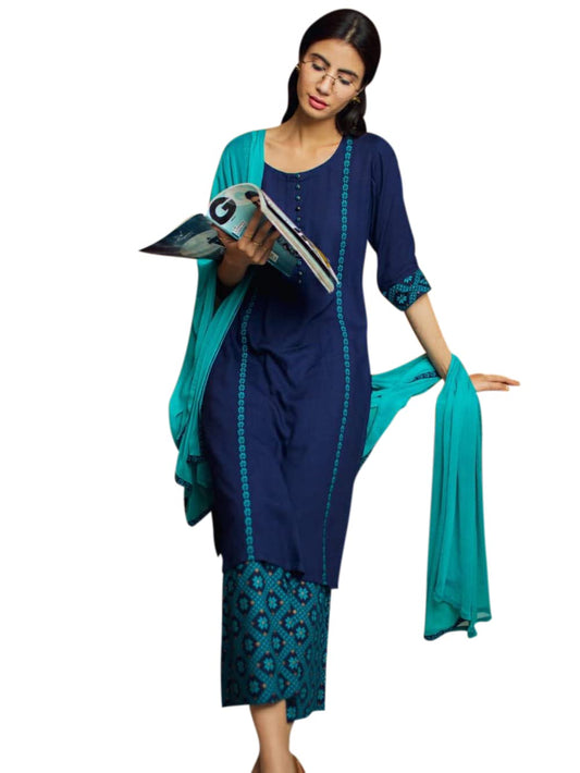 ANNI DESIGNER Women's Cotton Blend Printed Straight Kurta, Palazzo & Dupatta (Homing New)