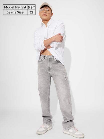 The Souled Store Denim: Granite Grey Men and Boys Buttoned Cotton Blend Straight Fit Jeans