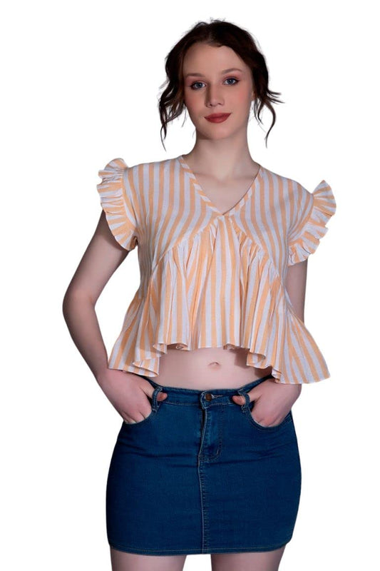Leriya Fashion WomenS Western Crop Tops | Fancy Stripped With Ruffle Sleeves | Button Down Lightweight Cotton For Girls | Suita