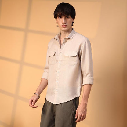 Campus Sutra Mens Khaki Beige Solid Utility Shirt for Casual Wear | Spread Collar | Long Sleeve | Button Closure | Shirt Crafte
