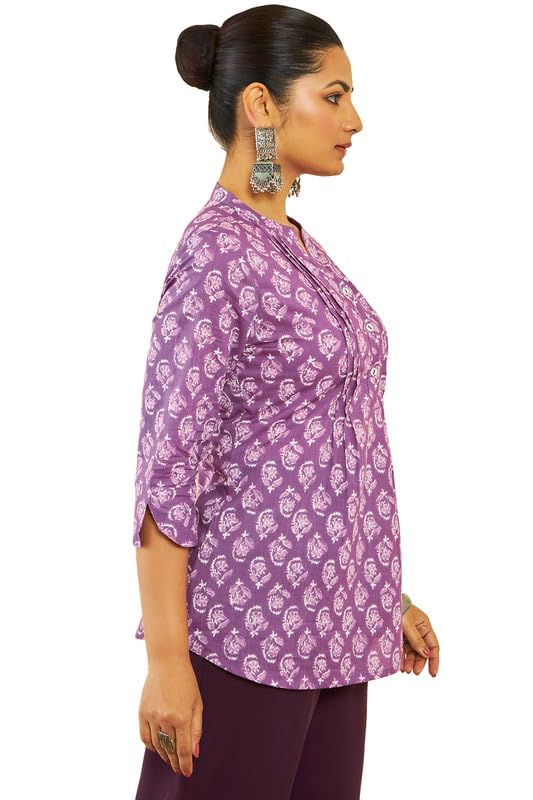 Soch Womens Purple Cotton Tunic with Floral Print and Pin Tucks