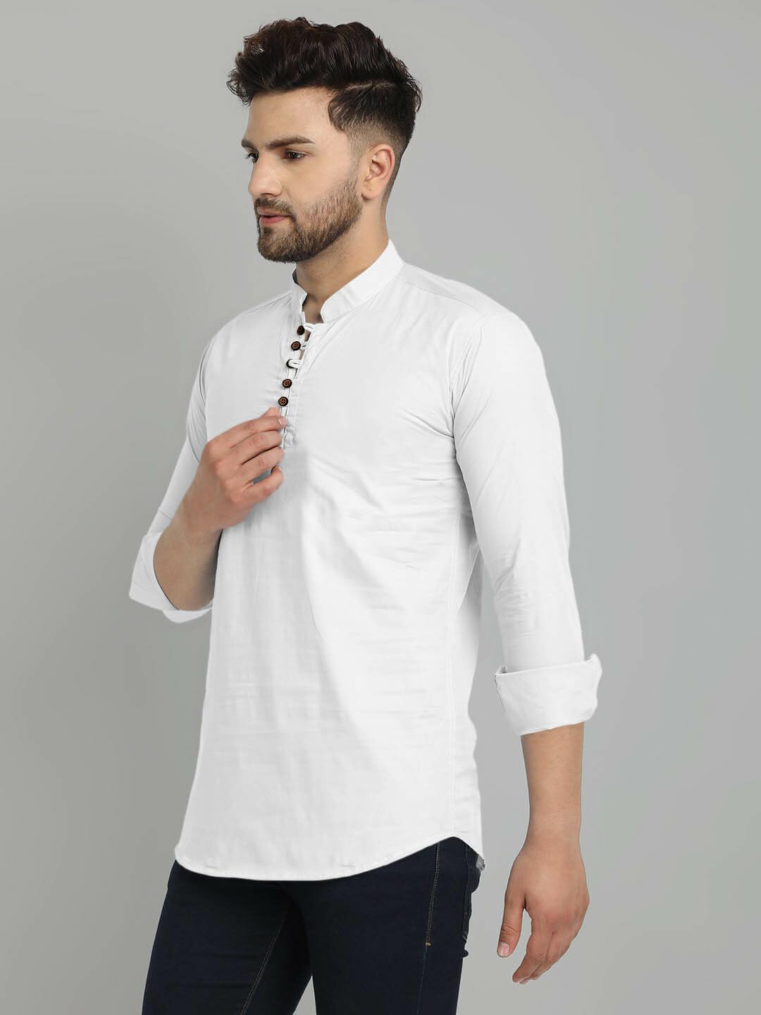 Royalscout MenS Cotton Blend Full Sleeve Short Kurta With Mandarin Collar White
