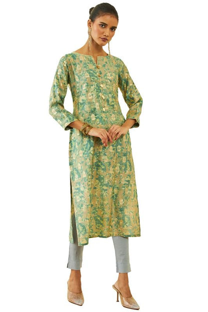 Soch Womens Pink Muslin Floral Foil Print Straight Kurta with Pocket