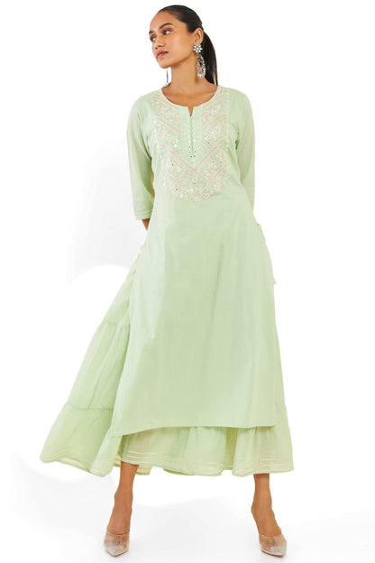 Soch Women Green Cotton Embroidered Dress Kurta