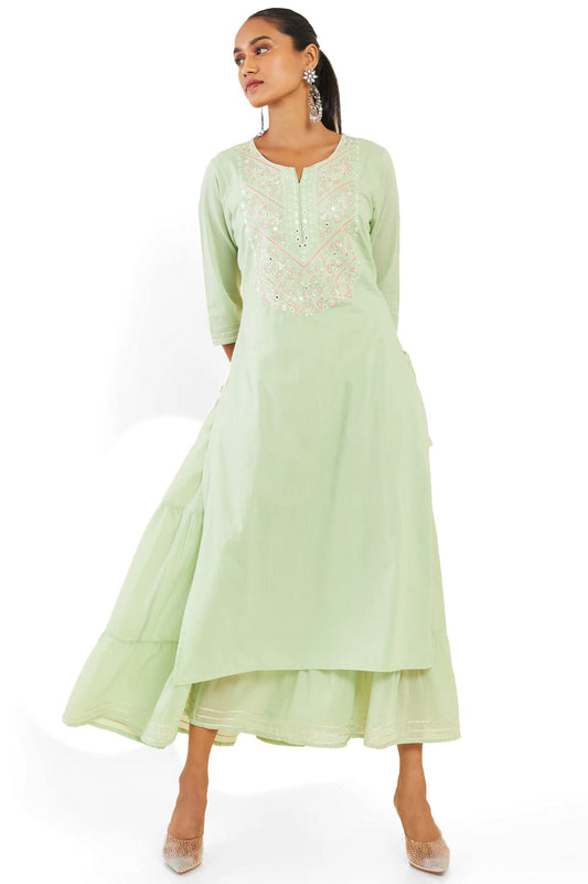 Soch Women Green Cotton Embroidered Dress Kurta