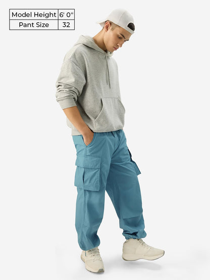 The Souled Store Dusky Blue Men and Boys Drawstringed Baggy Fit Toggles Leg Closure Cotton Parachute Pants