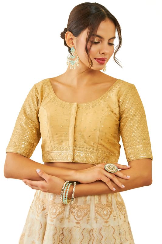 Soch Womens Gold Tussar Sequin Embellished And Embroidered Front-Open Blouse