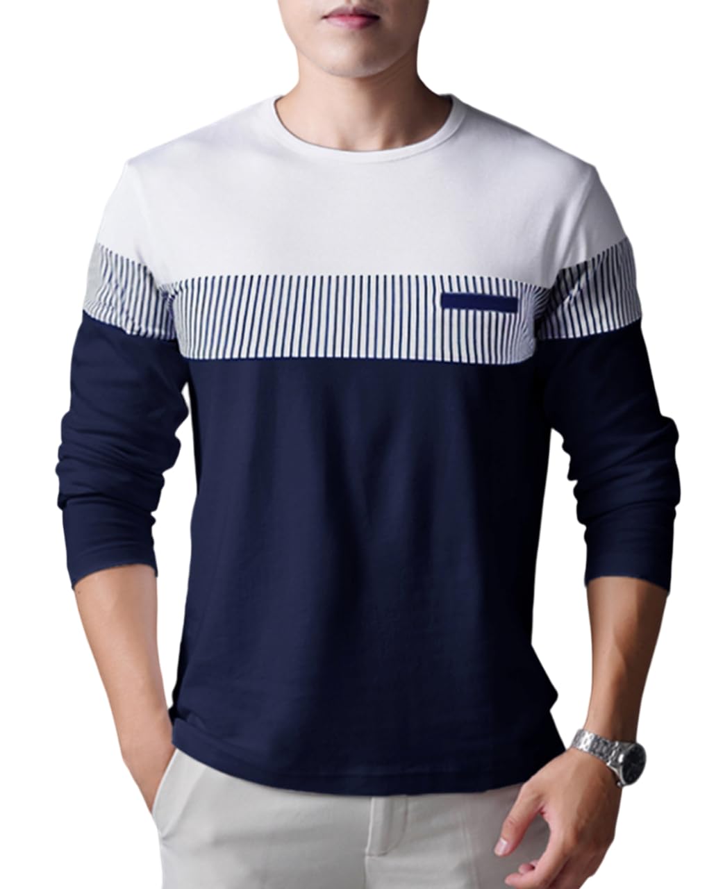 Noble Monk MenS Round Neck Regular Fit T-Shirt | Full Sleeves | Casual Tshirt For Men Navy Blue White