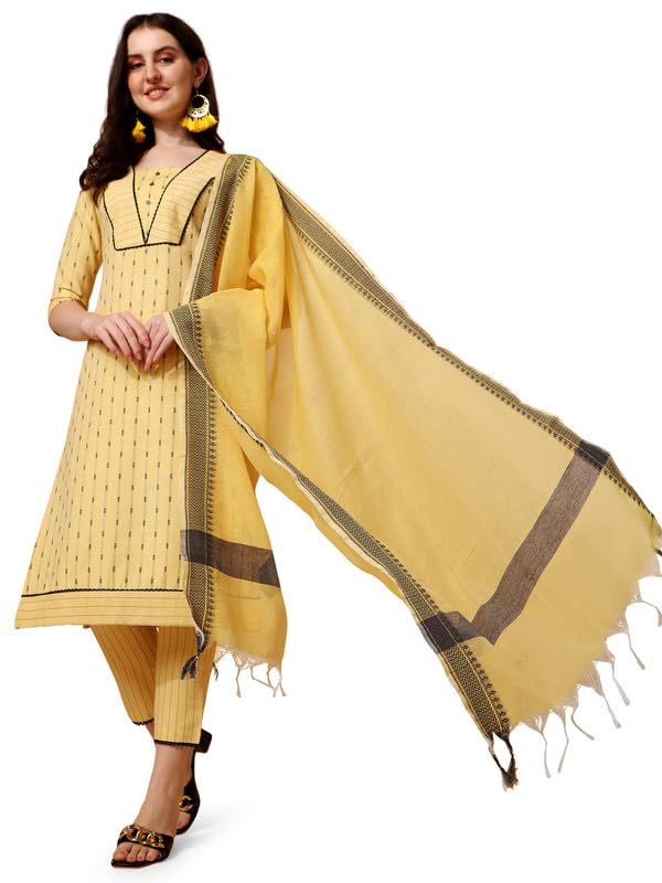 NAINVISH Women's Cotton Printed Straight Round Neck Kurta Pant with Dupatta (SD477_KBD_Yellow)