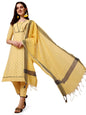 NAINVISH Women's Cotton Printed Straight Round Neck Kurta Pant with Dupatta (SD477_KBD_Yellow)