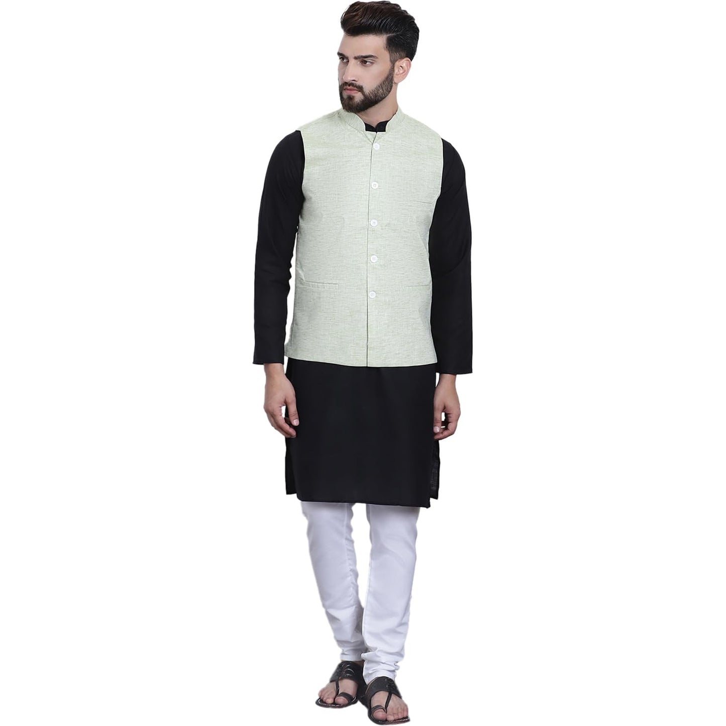 SOJANYA (Since 1958 Men's Black Kurta with white Pyjama & Green Nehrujacket Combo