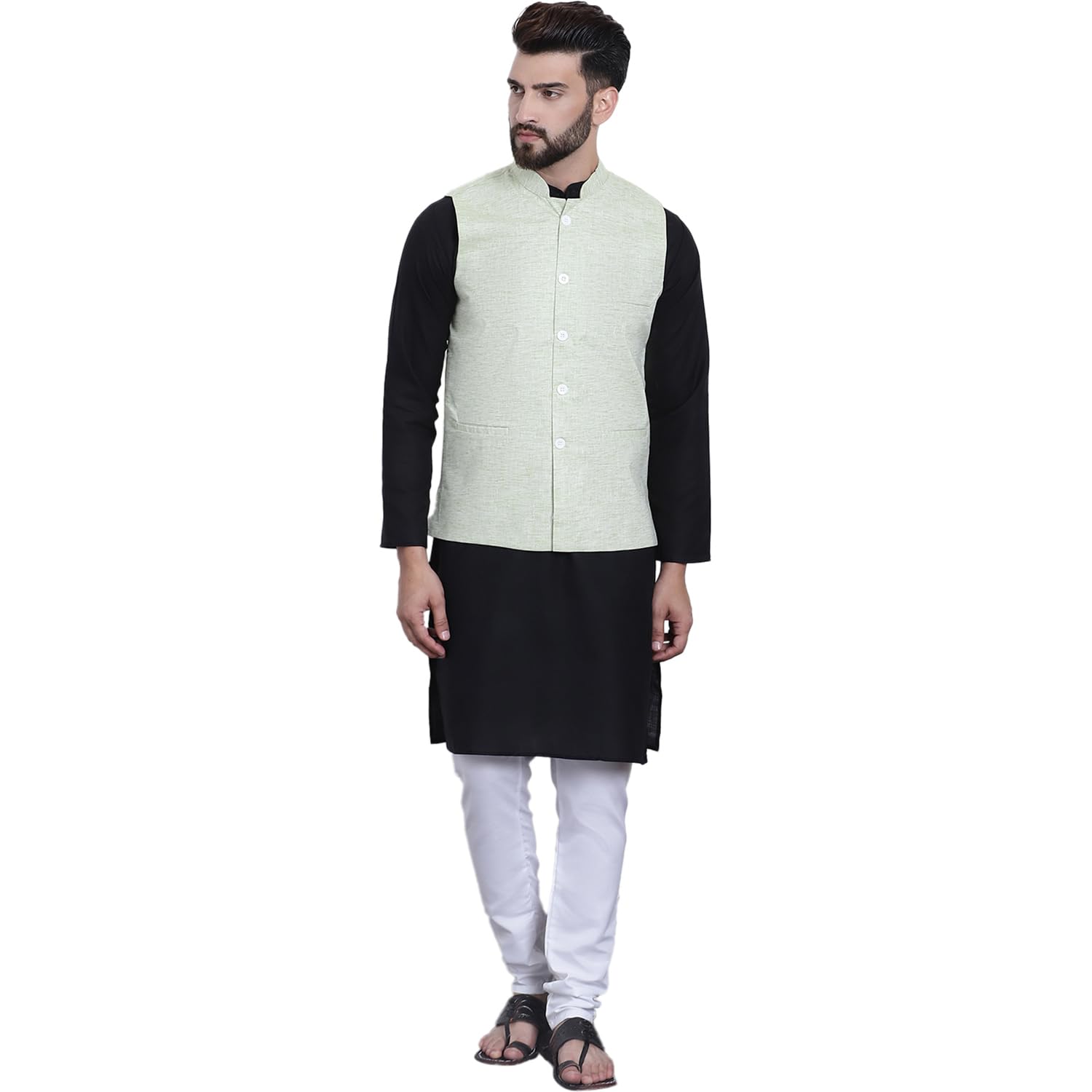 SOJANYA (Since 1958 Men's Black Kurta with white Pyjama & Green Nehrujacket Combo