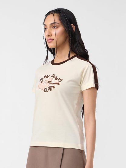 The Souled Store Disney: Slow Sunday Women and Girls Short Sleeves Round Neck Off White Graphic Printed Regular Fit Cotton T-Shi