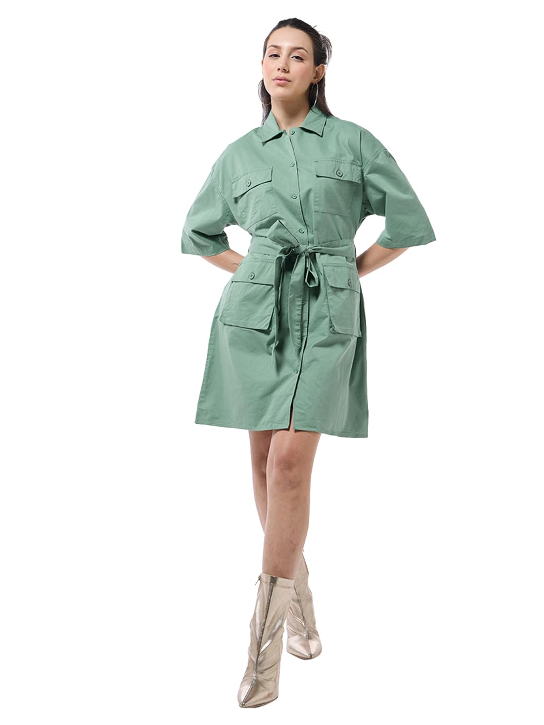 Bewakoof WomenS Solid Oversized Fit Half Sleeve Collar Cotton Blend Shirt Dress_628205_Green_Xl