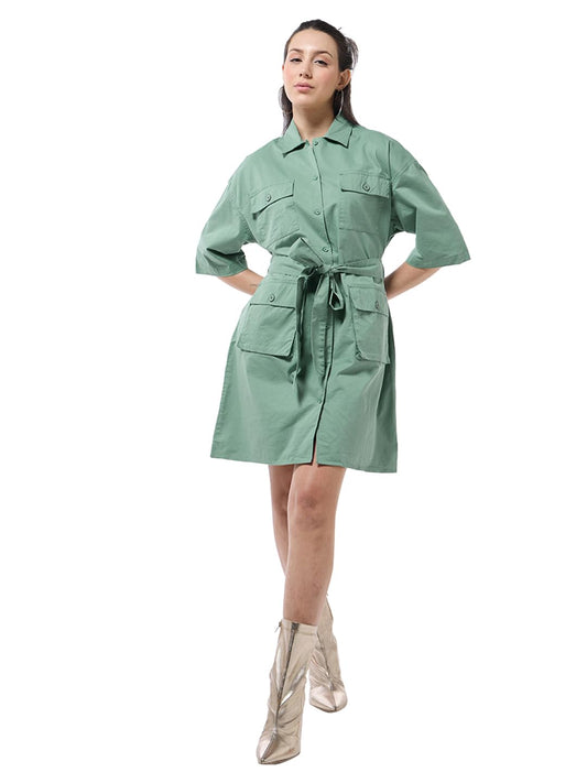 Bewakoof WomenS Solid Oversized Fit Half Sleeve Collar Cotton Blend Shirt Dress_628205_Green_Xl