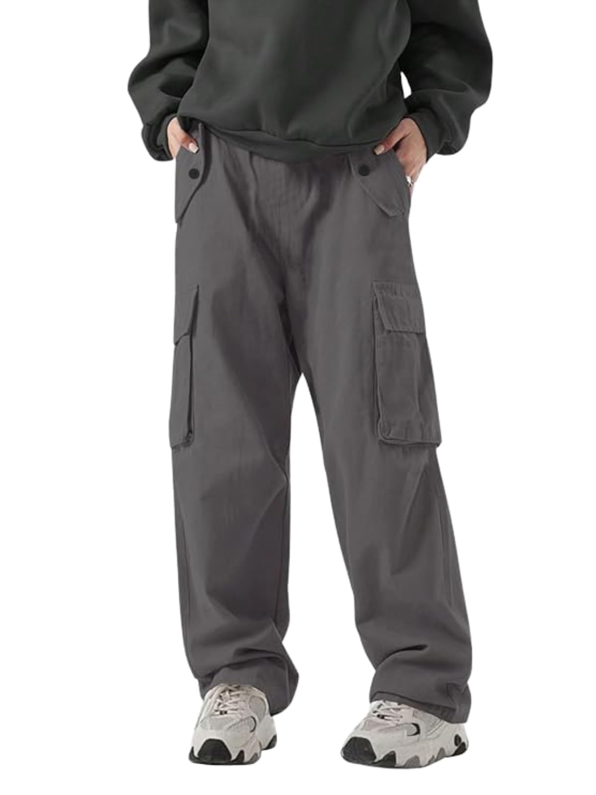 Greciilooks MenS Loose Low Rise Cargo Pants | Baggy 6 Pocket Lower Pant | Casual Cotton Pents | Formal Trousers Grey