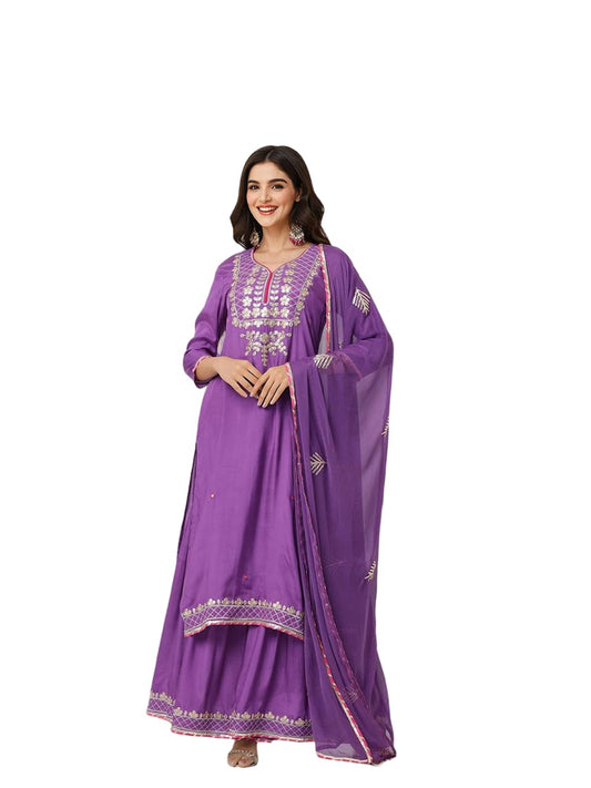 Ishin Purple Gotta Patti Detail Straight Kurta With Sharara And Dupatta