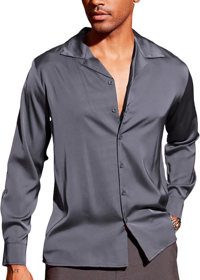 CB-COLEBROOK Men Luxury Satin Silk Dress Shirt - Long Sleeve, Satin, Shiny Button Down, Prom, Wedding Party Shirt (in, Alpha, XL