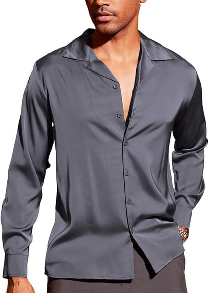 CB-COLEBROOK Men Luxury Satin Silk Dress Shirt - Long Sleeve, Satin, Shiny Button Down, Prom, Wedding Party Shirt (in, Alpha, XL