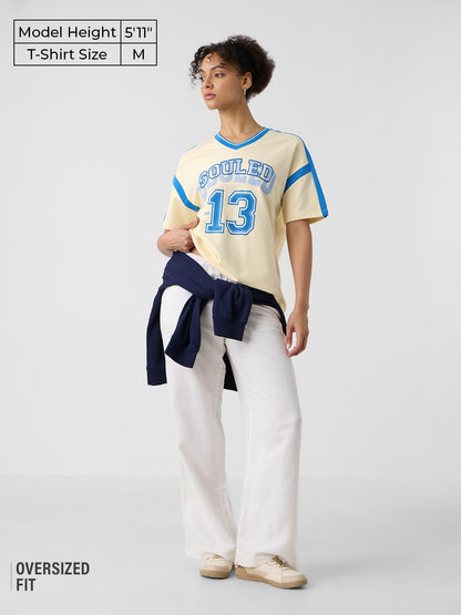 The Souled Store Varsity Women and Girls Short Sleeves V Neck Off White Graphic Printed Cotton Oversized T-Shirts