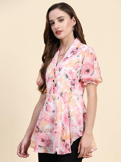 Toochki Womens Pink Georgette Floral Peplum Western Top | Winter Top | Western Top | Top for Women | Latest Women Top | Trendy