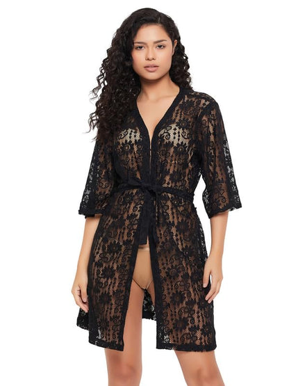 Clovia Womens Lace Basic Sheer Robe (Ns1509P13_Black_S)
