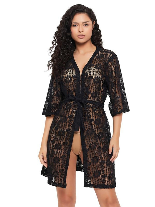 Clovia Womens Lace Basic Sheer Robe (Ns1509P13_Black_S)